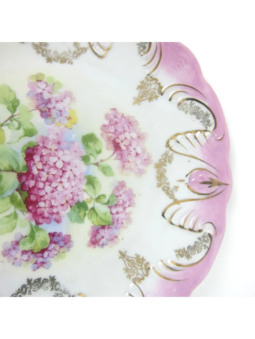Antique Porcelain Plate Hydrangea Flowers Pink Rim Gold Accents 8